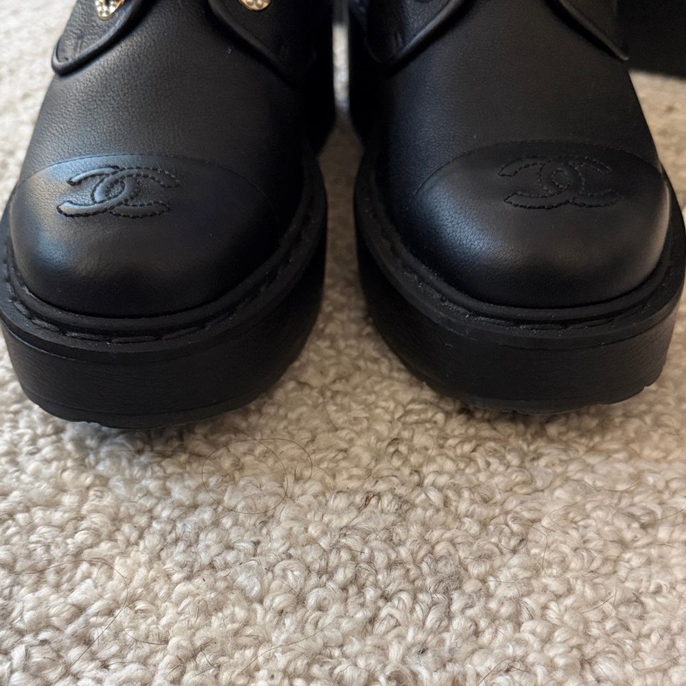 CHANEL Black Leather Lace-Up Platform Boots with Logo Cap - Picture 7 of 14